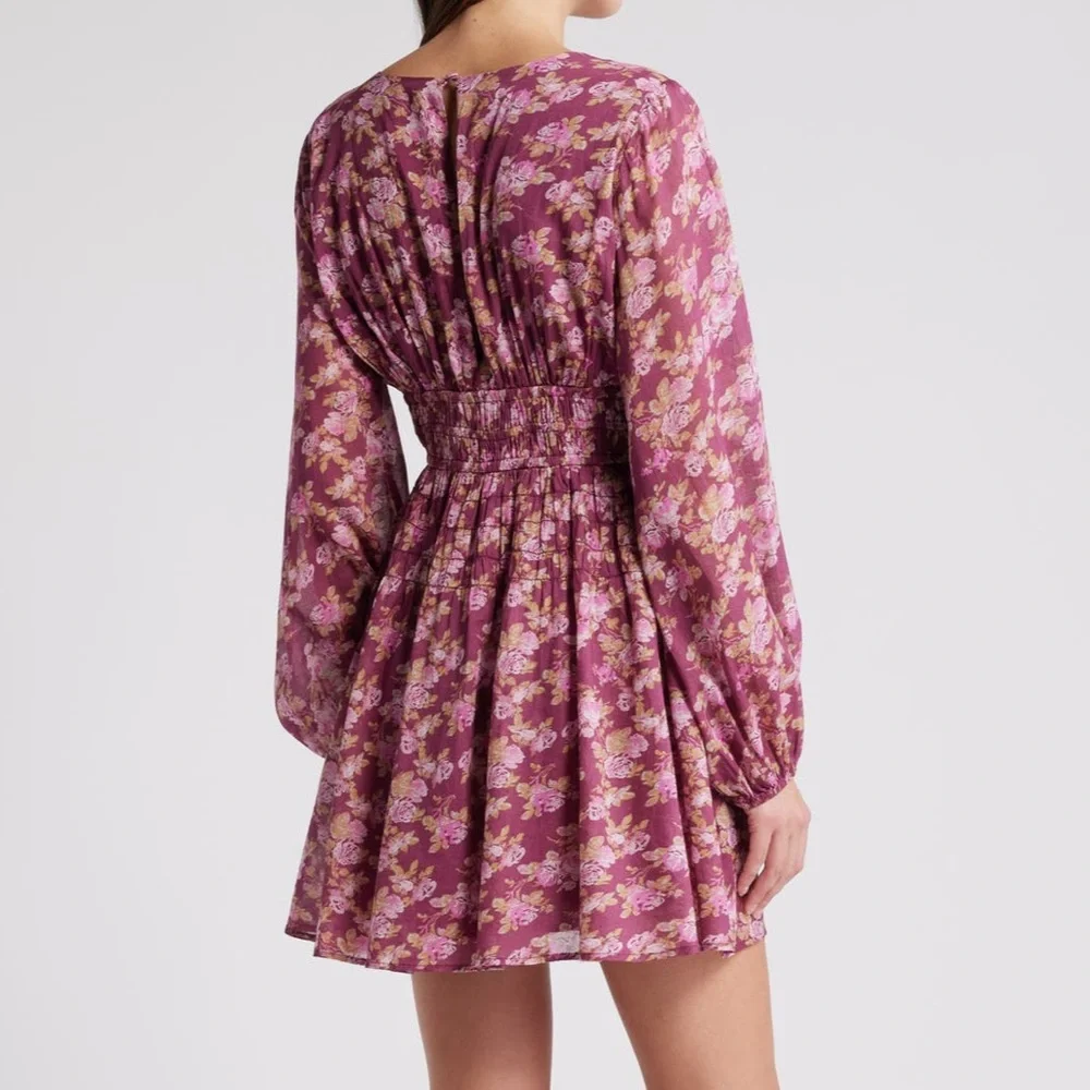 Free People Maive Long Sleeve Mauve ORANGE Floral Mini Dress Ruching NEW